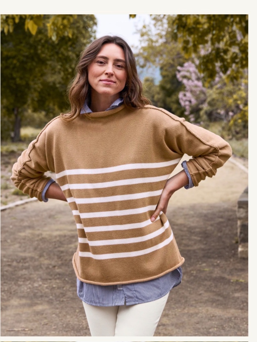 NEW Frank & Eileen Monterey Cotton Sweater in Camel Cream Stripe, Medium